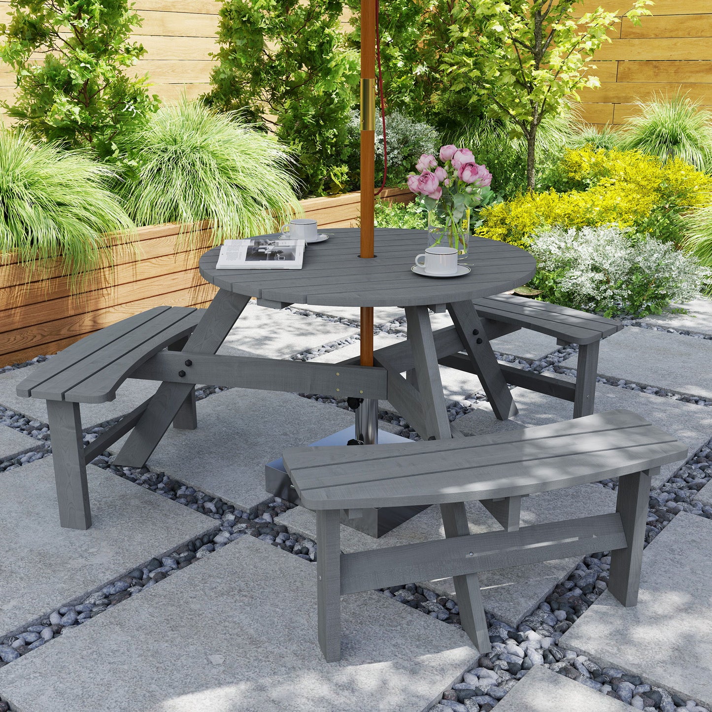 6 Person Round Picnic Table Bench Set with Umbrella Hole, Wood Patio Table with 3 Built-in Benches for Garden, Deck, Backyard, Grey