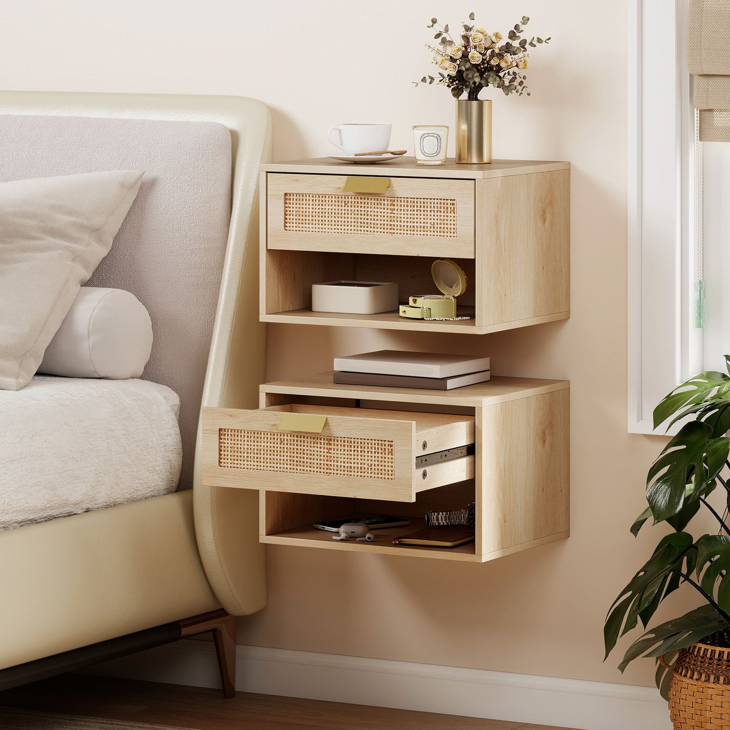 Floating Bedside Table Set of 2, Wall Mount Nordic Nightstands with Storage Drawer and Open Shelf for Bedroom, Oak