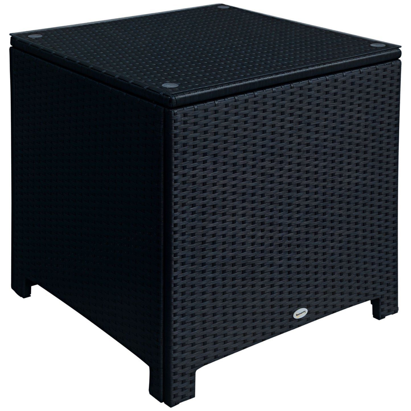 Rattan Side Table Wicker Coffee Table with Glass Top Outdoor Patio Furniture For Patio Poolside Garden Lawn, Black