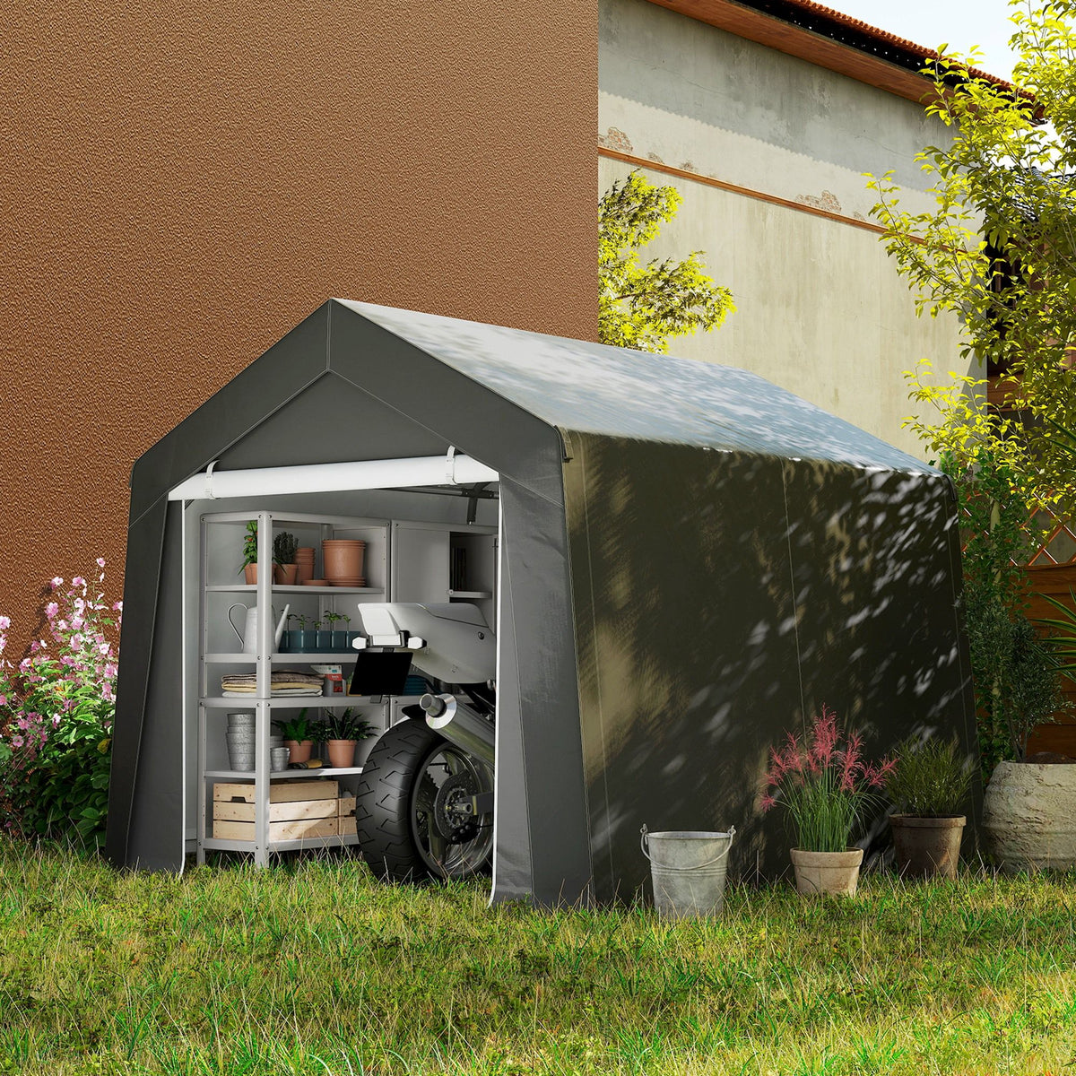 10' x 10' Outdoor Storage Shed Portable Garage with Roll-up Door for Motorcycle, Bike, Garden Tools, Dark Grey