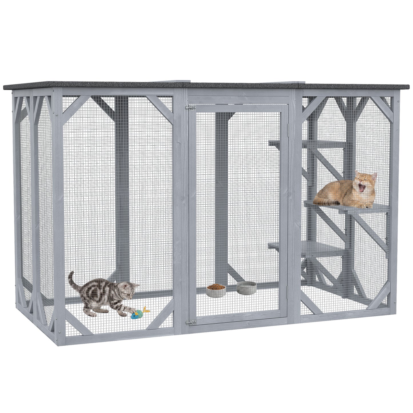 44.1" H Cat Cage, Indoor Outdoor Wooden Enclosure Pet House, Small Animal Cage Hutch, Suitable for Rabbit, Dogs, Kitten, Crate Kennel with Waterproof Roof, Multi-Level Platforms, Lock, Grey