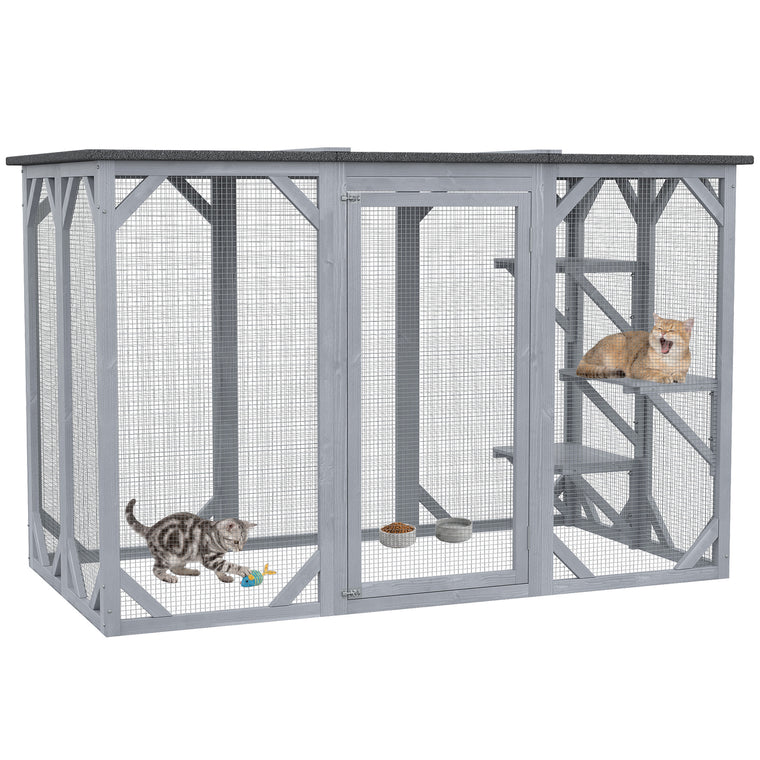 44.1"H Grey Wooden Cat Cage with Multi-Level Platforms