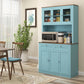 71" Pantry Cabinet with Microwave Space, Buffet with Hutch, 2 Drawers, Adjustable Shelves and Glass Doors, Blue