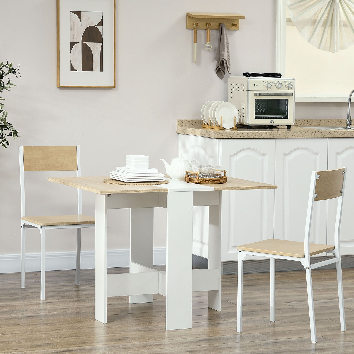 Drop Leaf Dining Table Wood Folding Table Multi-Use Side Table Dining Desk Space Saving Table, White/Oak