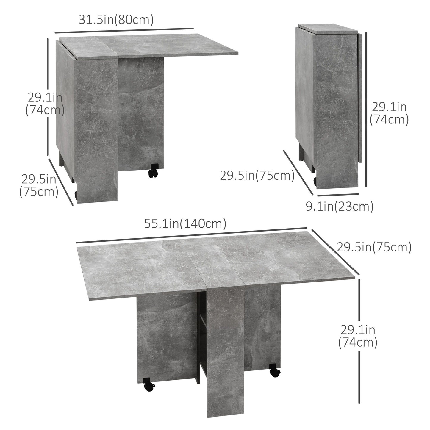 Extendable Dining Table, Collapsible Folding Table w/ 2-tier Shelves and Rolling Casters, Grey