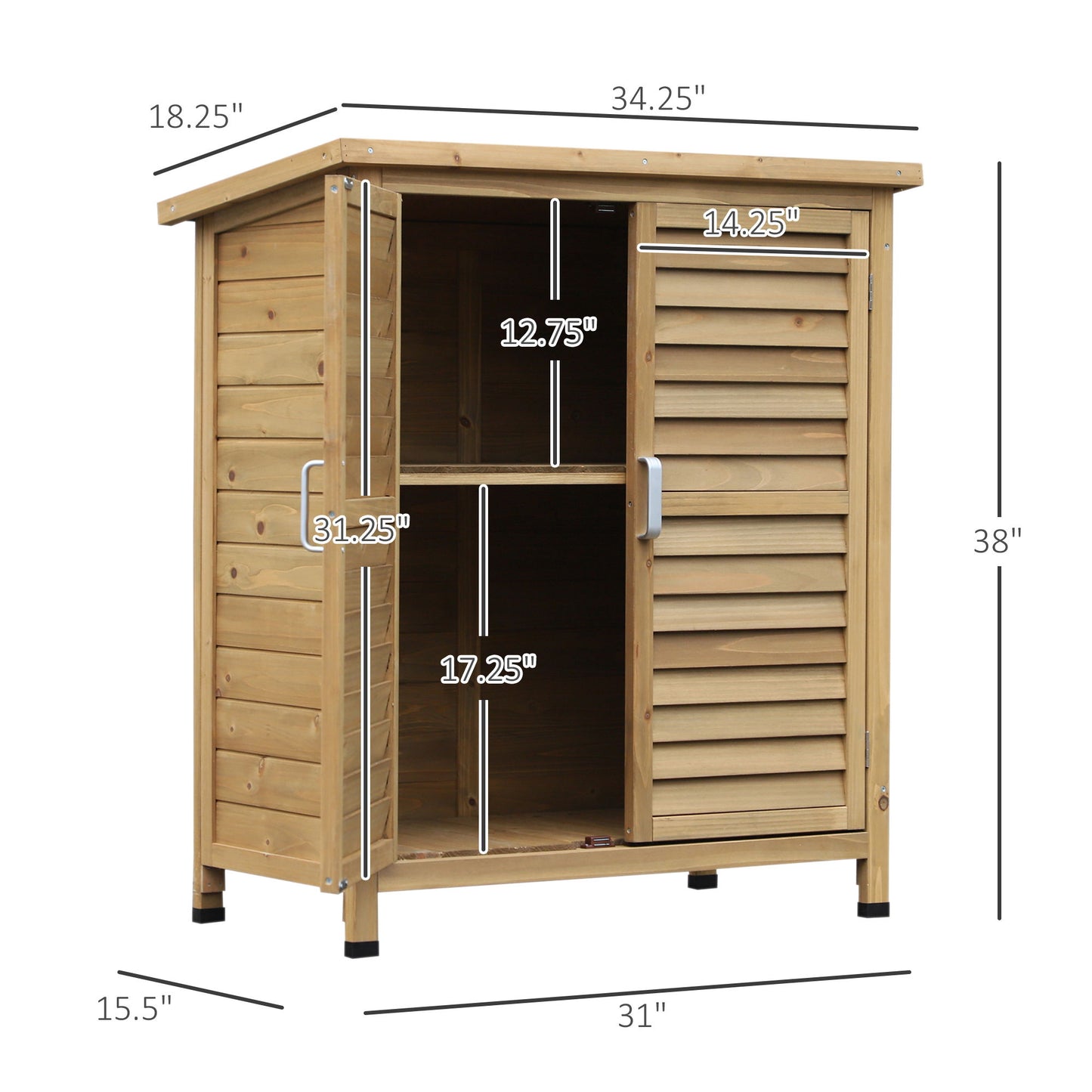 Wooden Garden Storage Shed Kit Wood Garage Tool Organisation Cabinet with 2 Door, 34" x 18" x 38", Natural