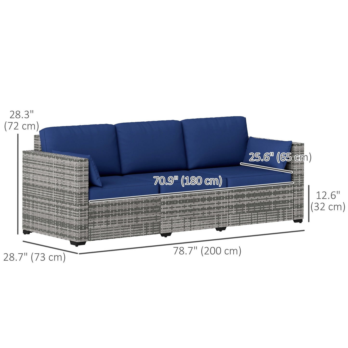 3-Seater Outdoor Sofa with Cushions, PE Rattan Conversation Patio Couch with Pillows for Garden, Poolside, Dark Blue