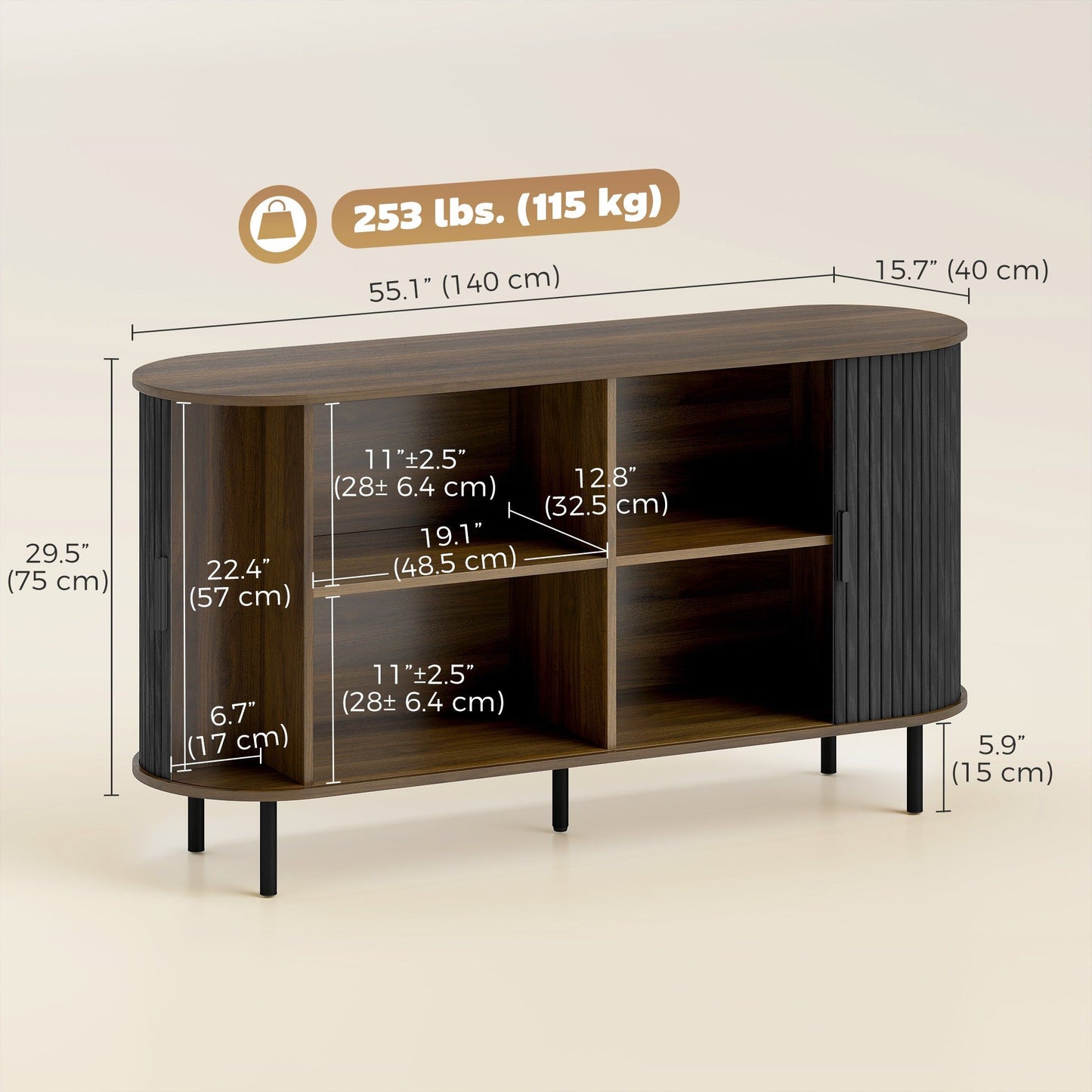 55" Mid-Century Fluted Sideboard with Sliding Doors - Black