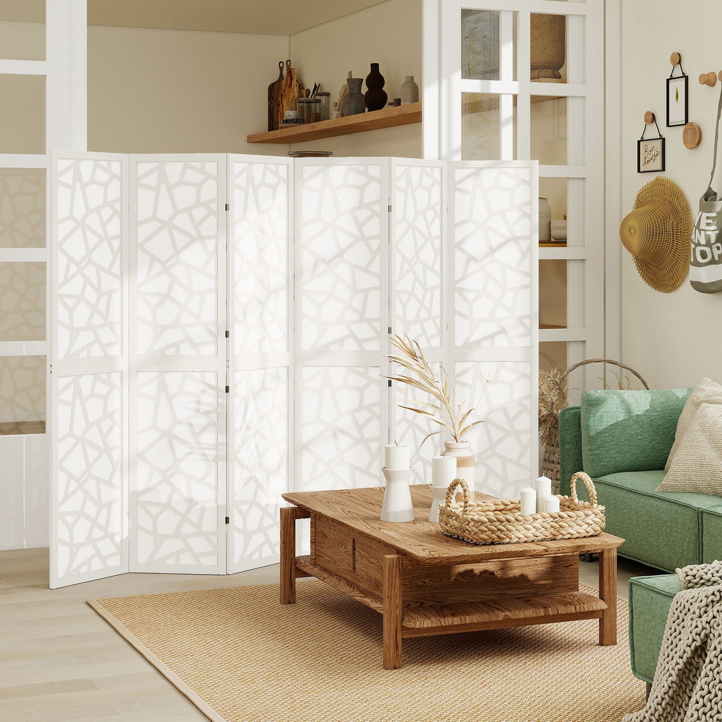 6 Panel Room Divider, 5.6 FT Lightweight Folding Privacy Screen with Geometric Pattern for Living Room, Bedroom, White