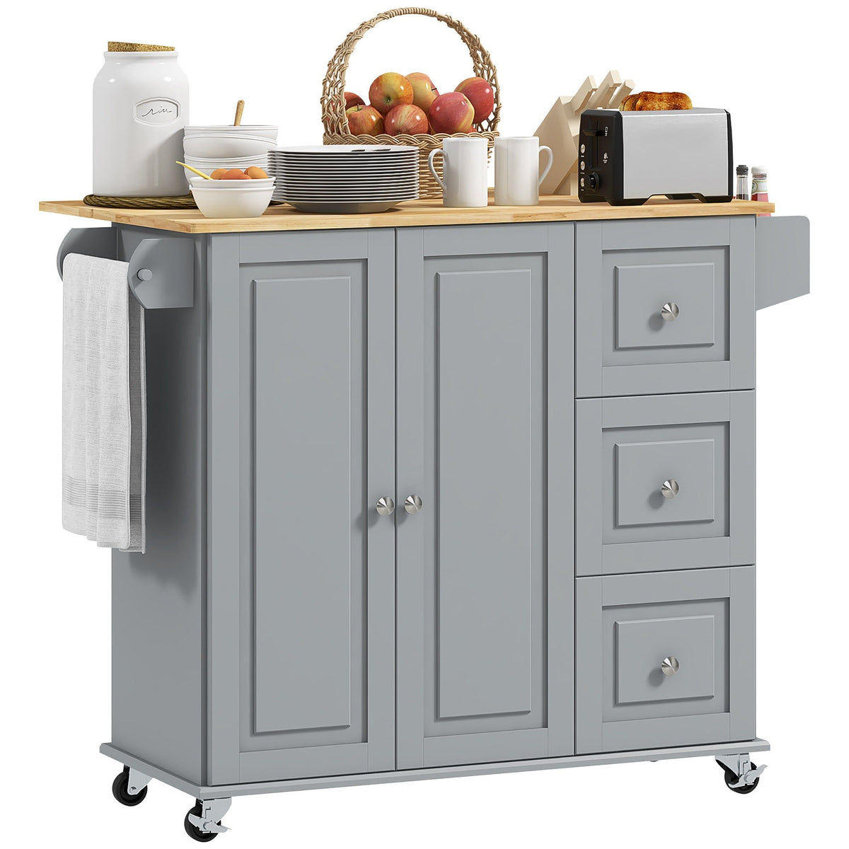 Rolling Kitchen Cart with Drop Leaf and Drawers - Grey