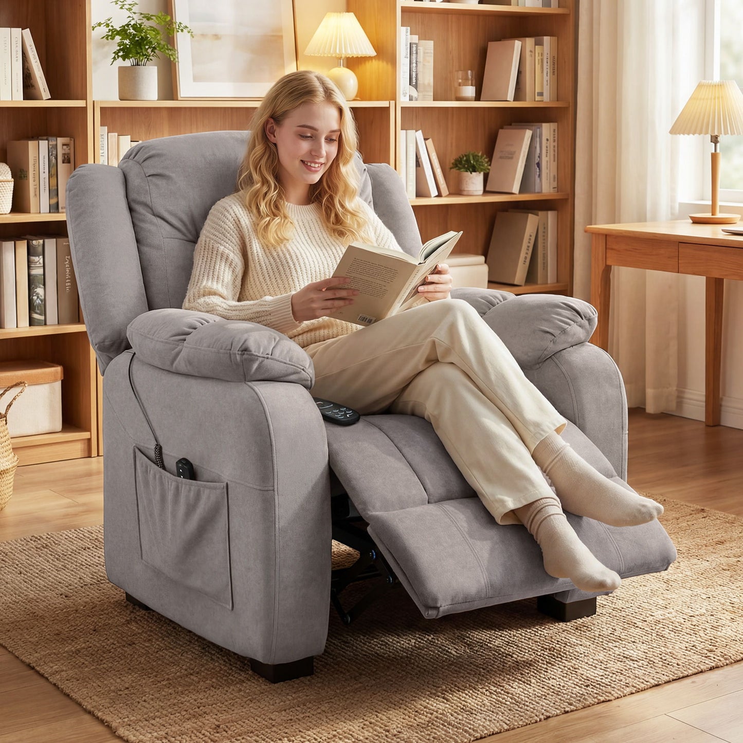Massage Recliner Chair with Quiet Brushless Motor Pet-Friendly Fabric Power Recliner with 2 Memory Positions Brown
