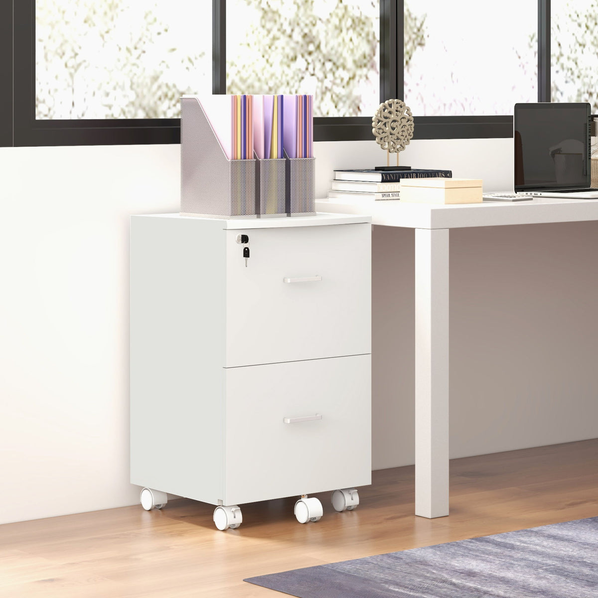 2 Drawer File Cabinet with Lock, Small Rolling Filing Cabinet for A4, Letter-Size Documents, Printer Stand for Home Office, 17" x 17.75" x 28.25", White