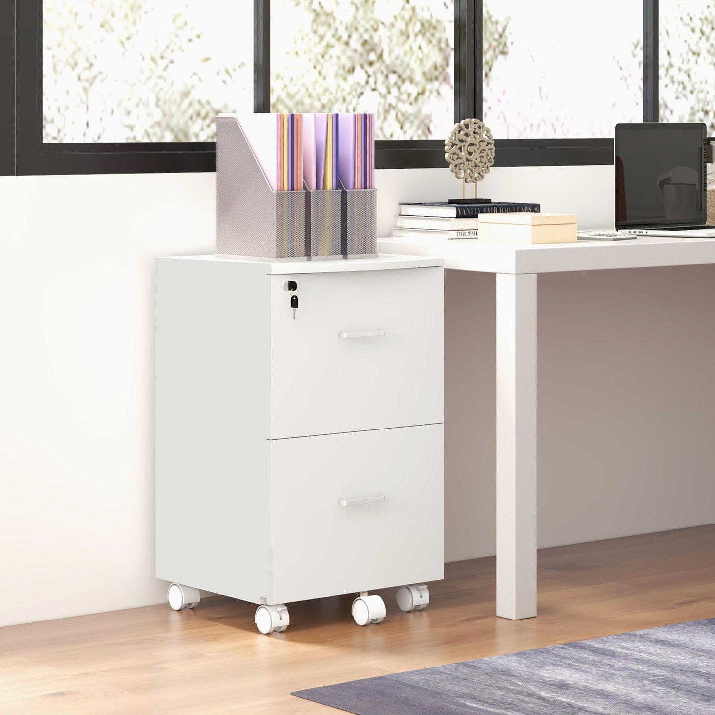 2 Drawer File Cabinet with Lock, Small Rolling Filing Cabinet for A4, Letter-Size Documents, Printer Stand for Home Office, 17" x 17.75" x 28.25", White