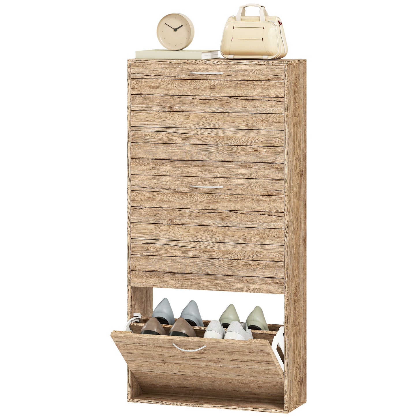 Shoe Storage Cabinet with 3 Flip Drawers, Narrow and Slim, 12 Pair of Shoes Organizer for Hallway, Entryway, Oak