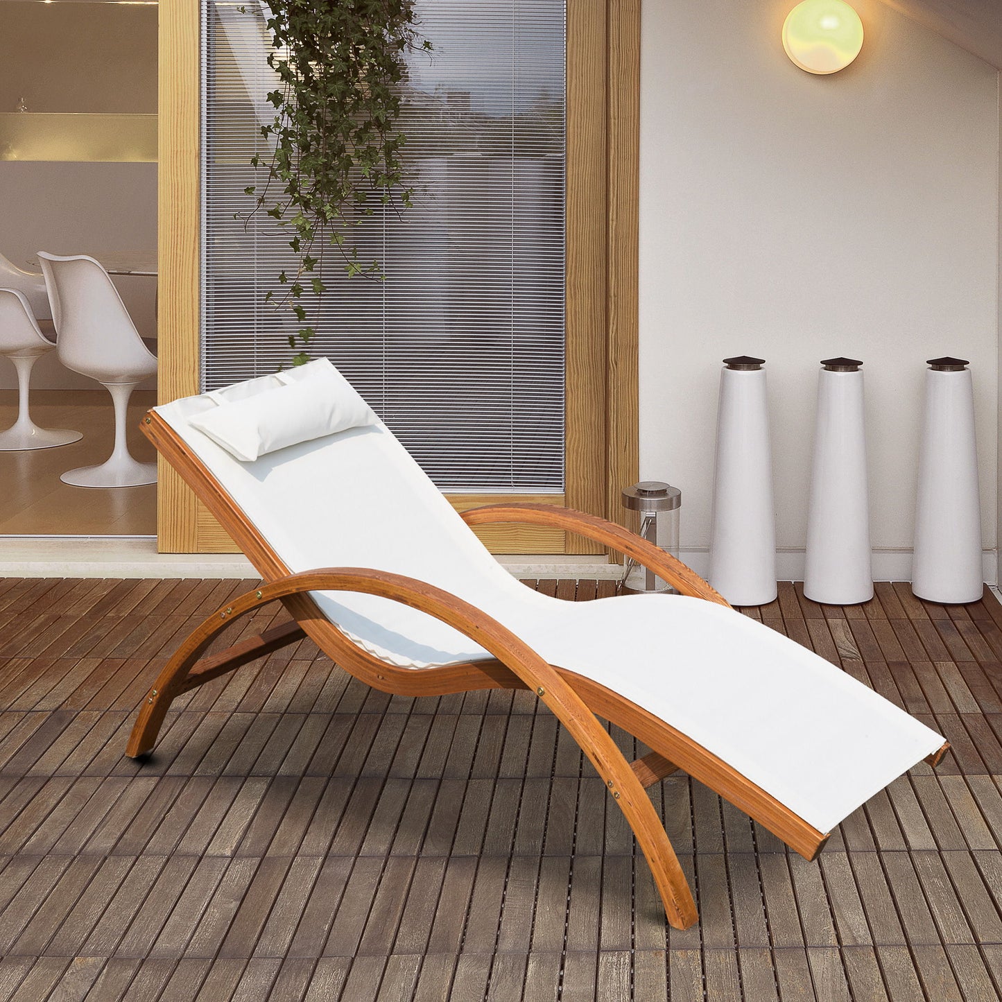Outdoor Wood Sling Chaise Lounge Reclining Garden Mesh Lounger Patio Chair with Headrest Cream