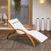 Outdoor Wood Sling Chaise Lounge Reclining Garden Mesh Lounger Patio Chair with Headrest Cream