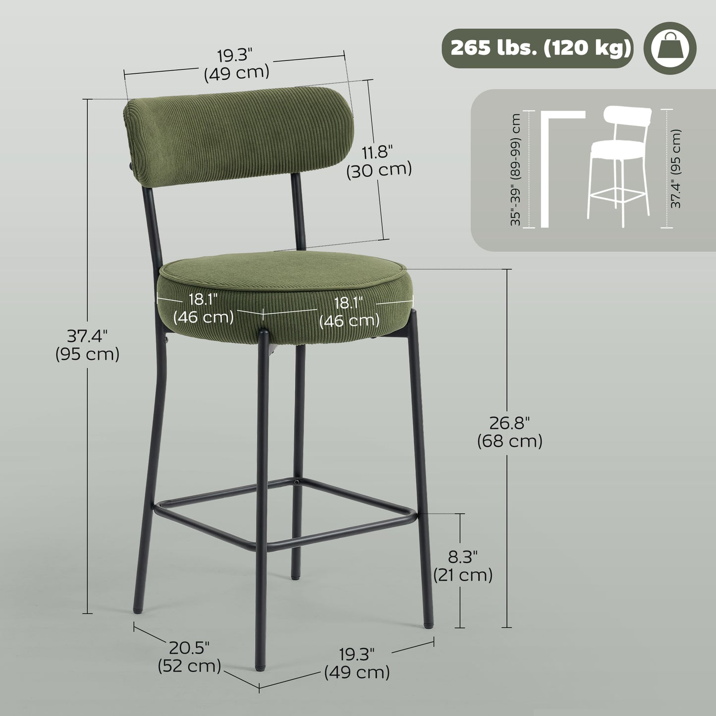 Set of 2 Barstools, Upholstered Corduroy Bar Stools with Backrest, Footrest for Kitchen Island, Dining Room, Green