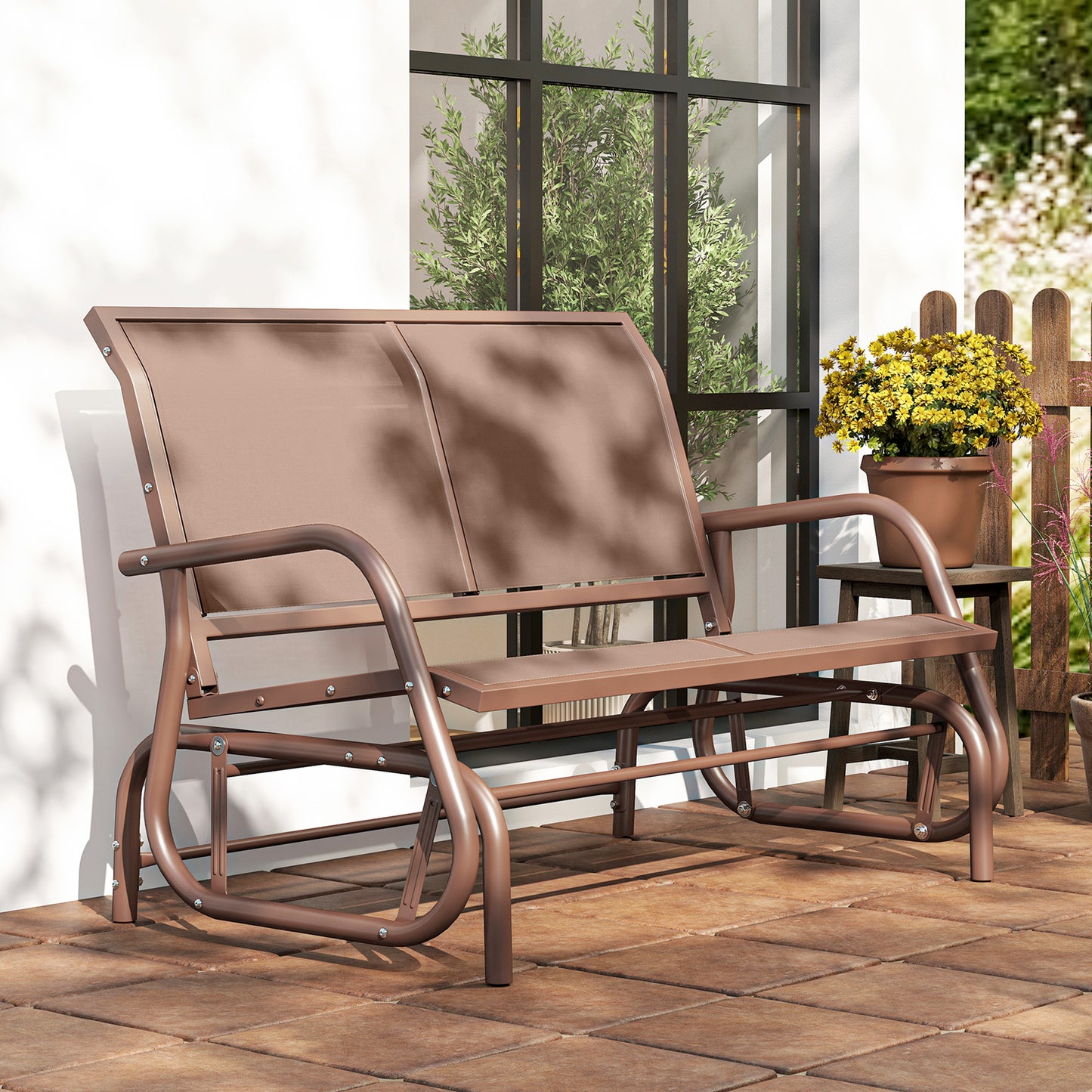 Outdoor Glider Bench, 2 Person Patio Glider Chair, Gliding Outdoor Garden Loveseat Swing Bench with Breathable Mesh Fabric, Steel Frame for Backyard, Porch, Coffee Brown