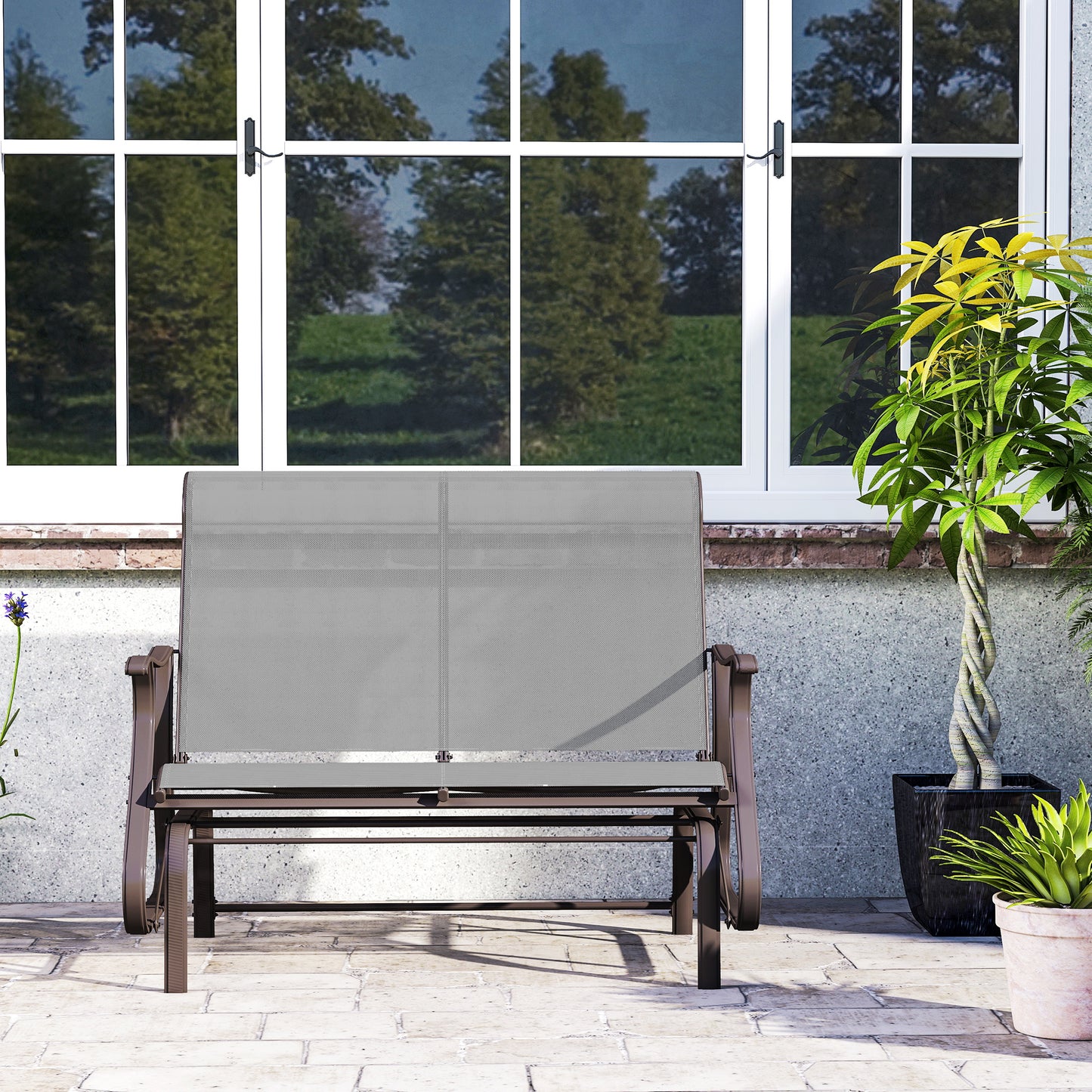 Garden Double Gliding Chair, Patio Glider Armchair for Outdoor, Backyard Mesh Seat and Backrest, Steel Frame, Light Grey