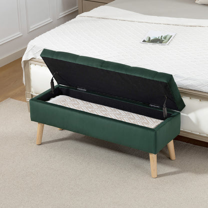 Velvet Storage Ottoman with Wood Legs - Dark Green