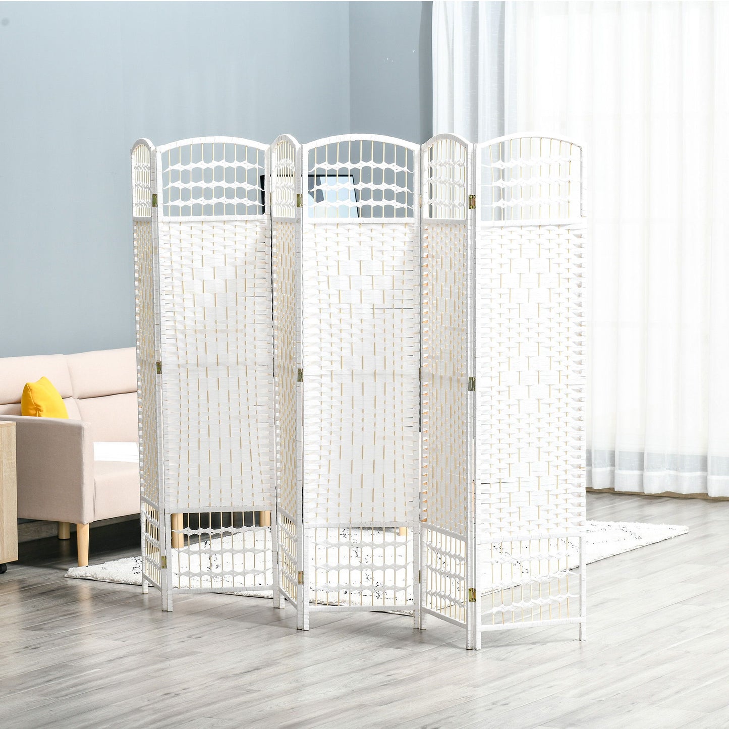 6 Panel Room Divider, 5.6 ft Tall Folding Privacy Screen, Wave Fiber Freestanding Partition Wall Divider for Home Office, White