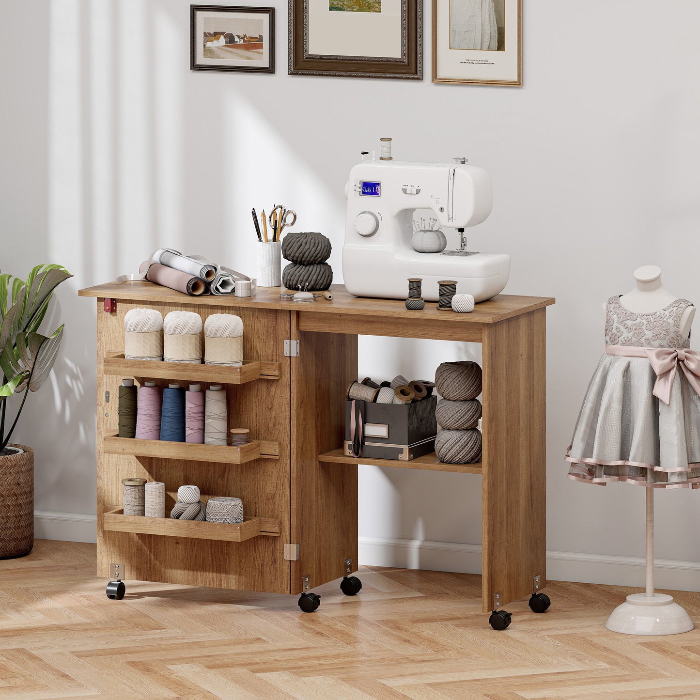 Sewing Machine Cabinet, Folding Sewing Table with Storage Shelf, Bins and Lockable Wheels for Small Space, Brown