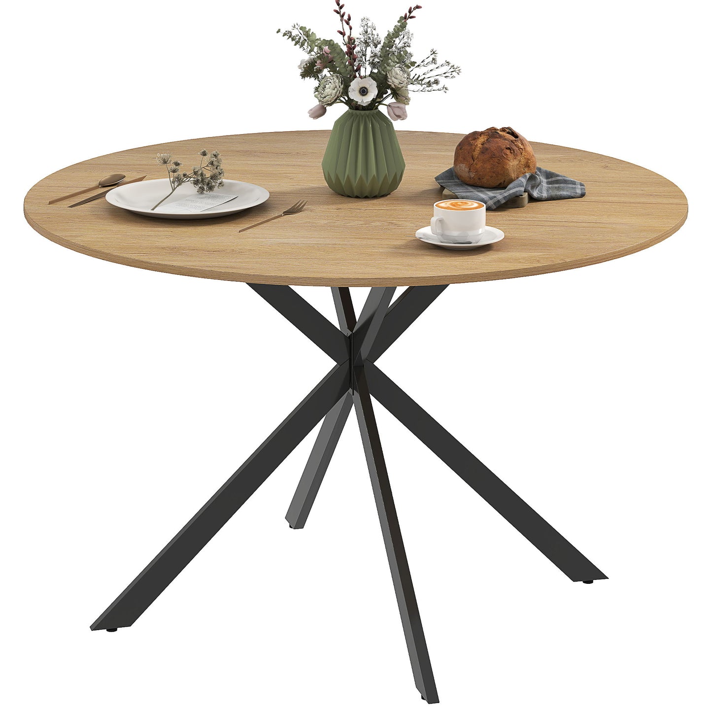 47" Round Kitchen Table for 4, Industrial Dining Table with Steel Legs for Dining Room, Brown and Black