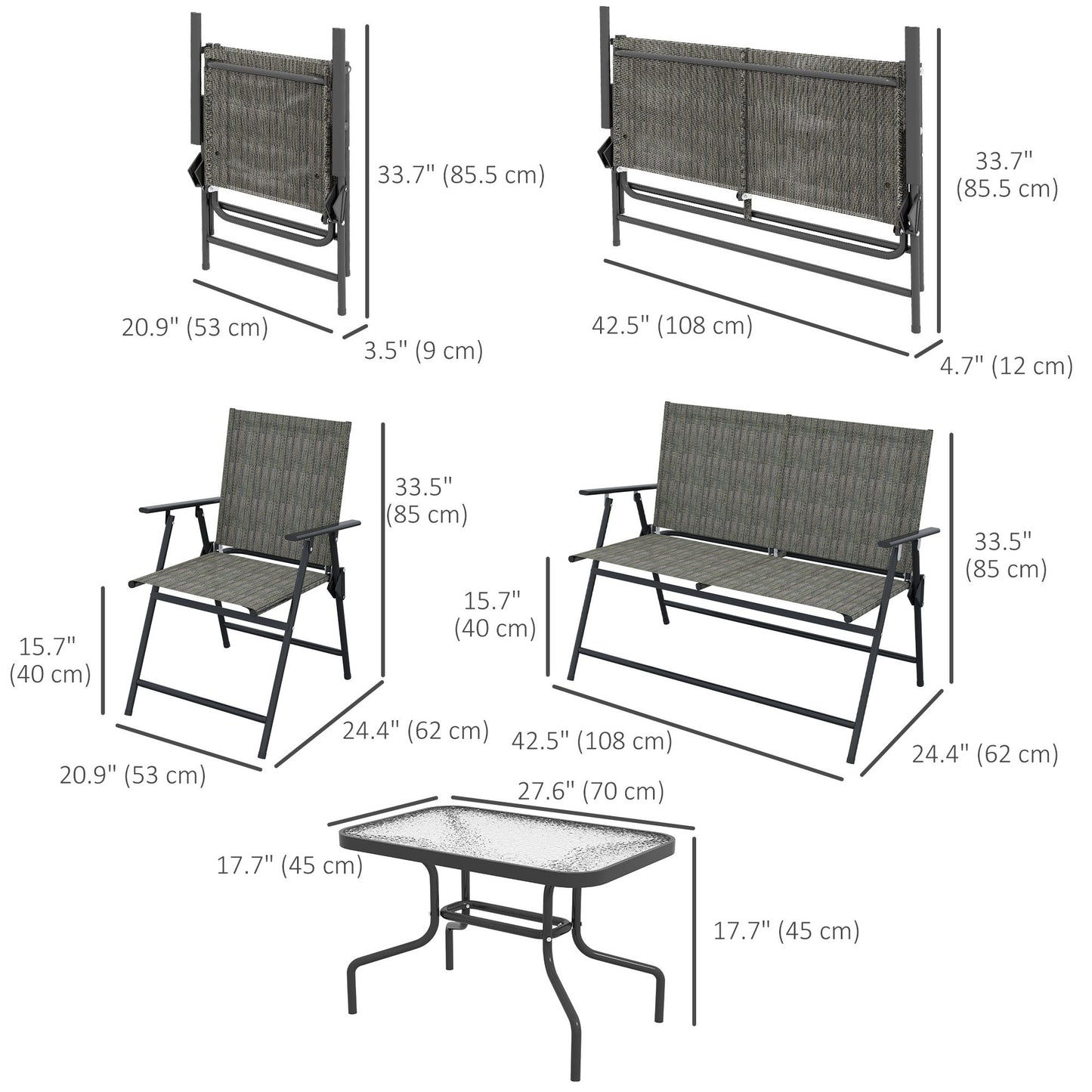 Outdoor 4 Pieces Patio Furniture Set, Garden Set with Two Foldable Armchairs, a Loveseat & Glass Top Table, Mixed Brown