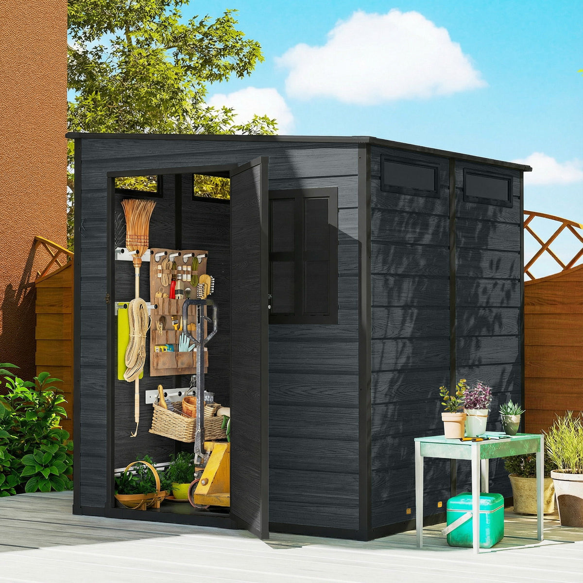 Outdoor Storage Shed with Lockable Door, Garden Shed with Vents and Windows for Backyard, Dark Grey