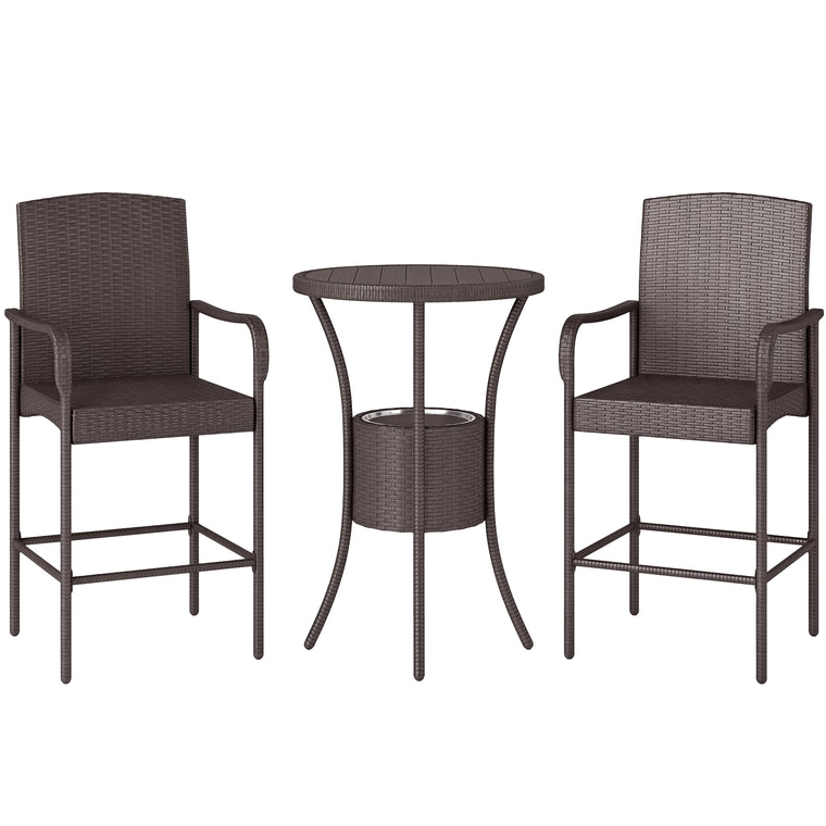 Dark Brown 3-Piece Rattan Bar Set with Ice Bucket