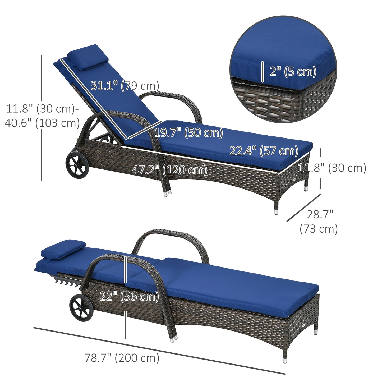 Outdoor Lounger, Deck Lounge Chair with Headrest, 5-Level Adjustable, Backrest, Wheels, Mixed Brown and Dark Blue