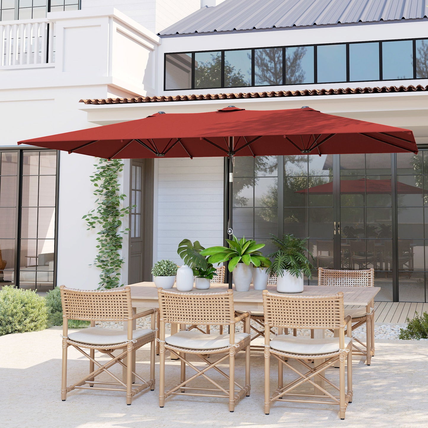 Double-Sided Patio Umbrella Parasol with Tilt, Adjustable Height, Vents and 12 Ribs, for Garden, Deck, Pool, Wine Red