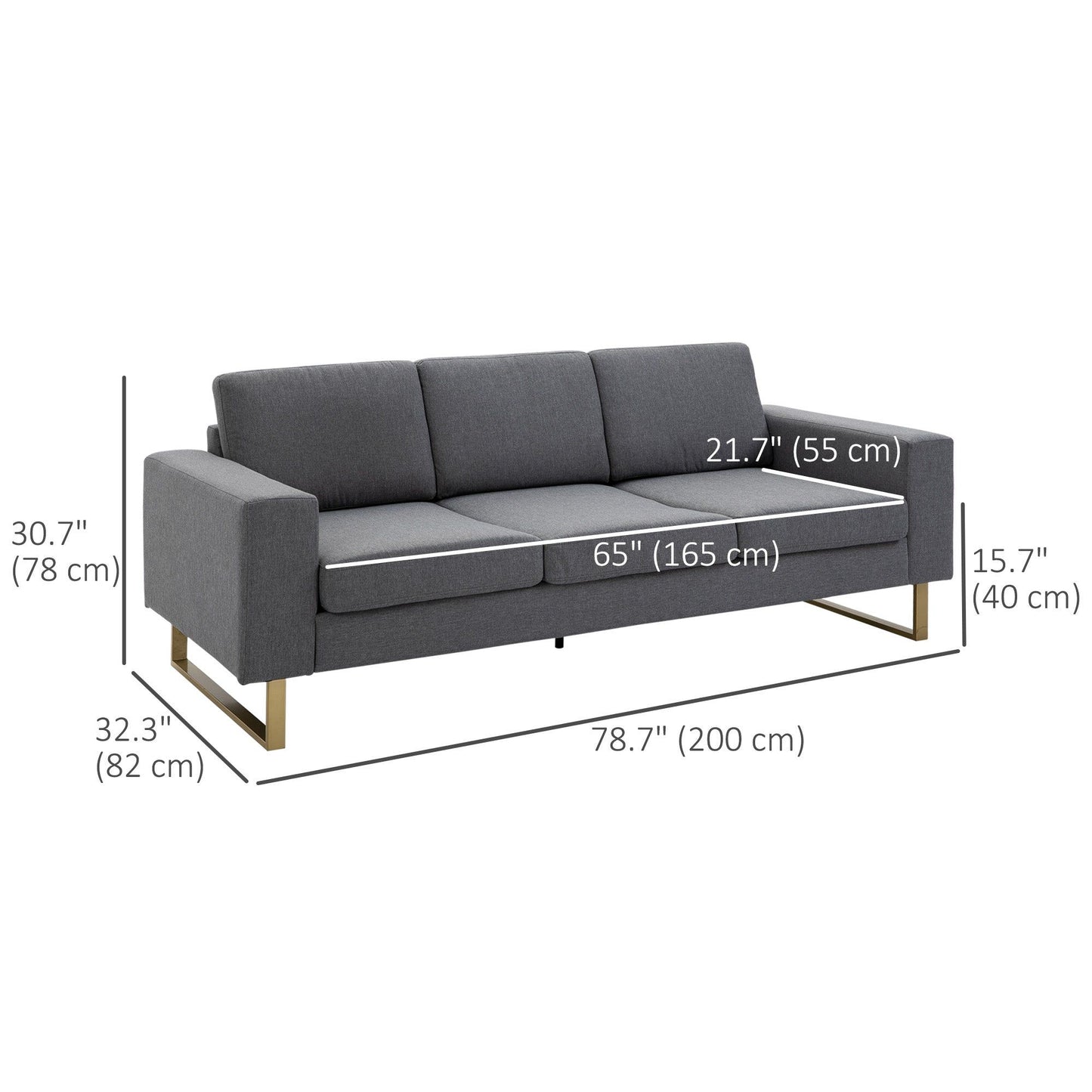 3-Seater Linen Sofa with Steel Legs - Dark Grey