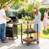Outdoor Grill Cart, Pizza Oven Stand with Stainless Steel Top, 3-Tier Rolling Kitchen Prep Station with Wheels, Black