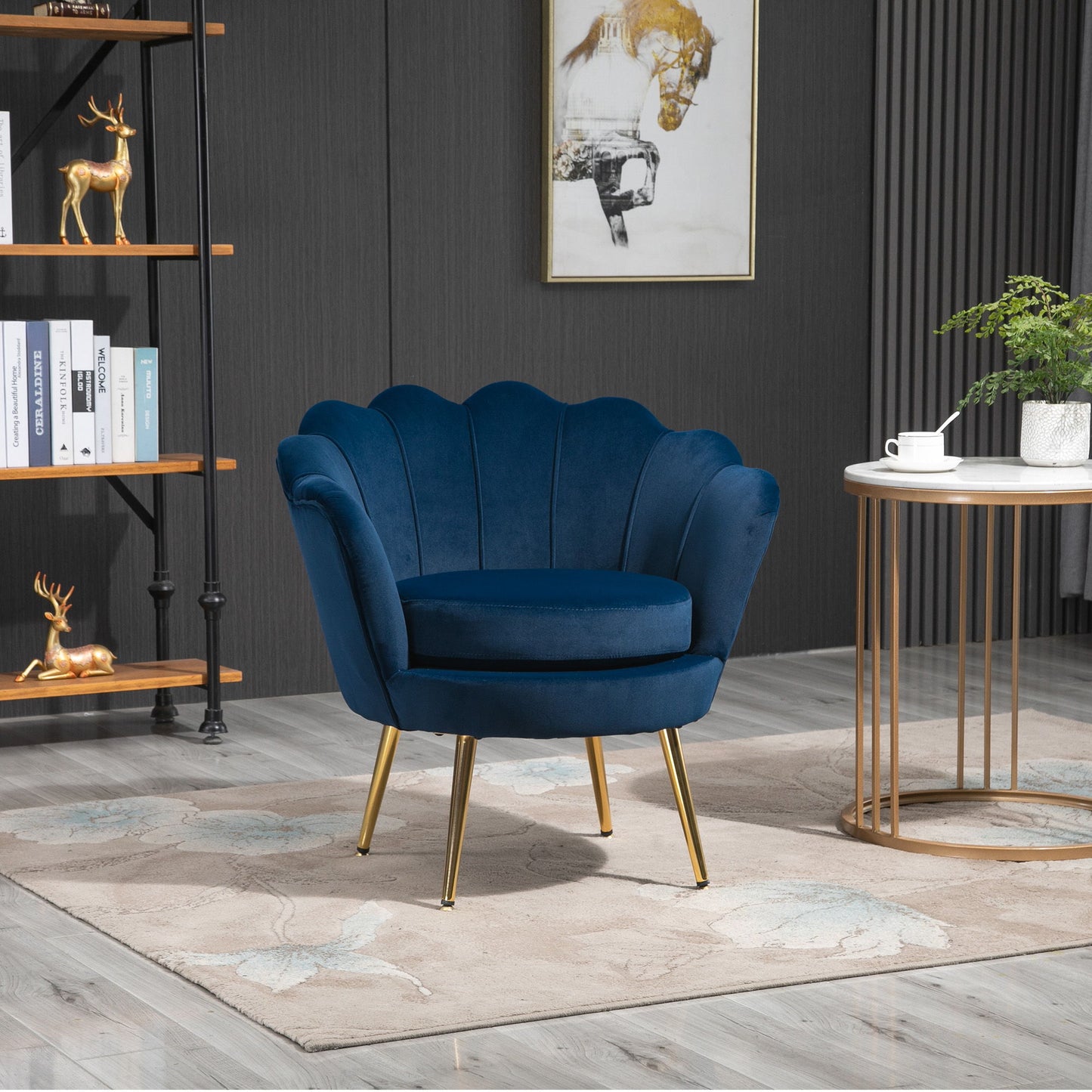 Modern Accent Chair, Velvet-Touch Fabric Leisure Club Chair with Gold Metal Legs for Bedroom, Blue