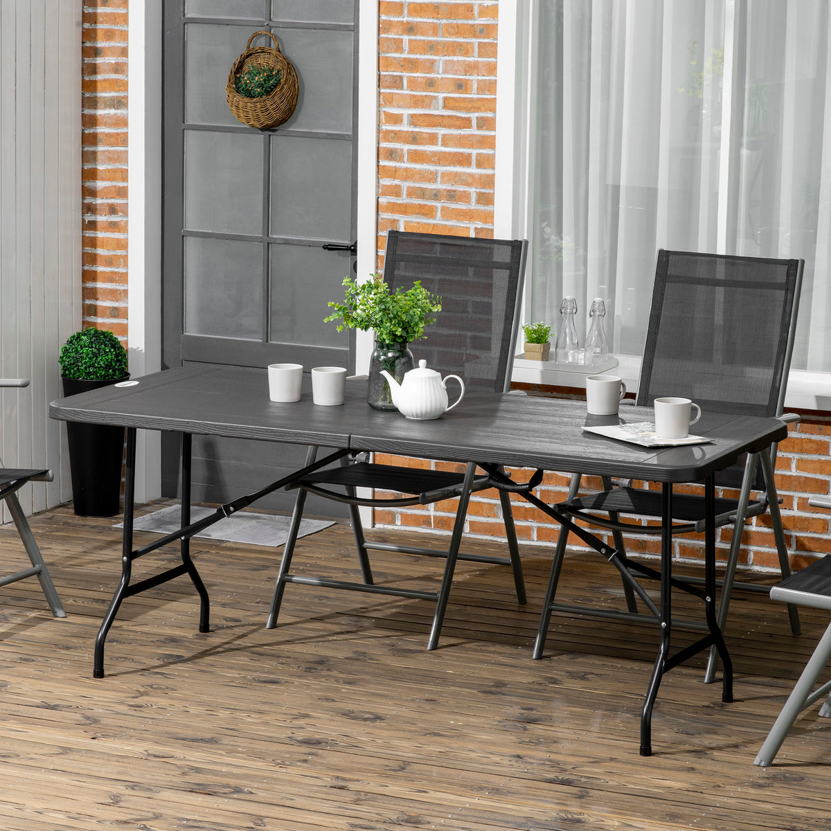 Foldable Patio Dining Table for 6, Rectangular Outdoor Table for Garden Lawn Backyard, Dark Grey