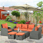 6 Pieces Patio Furniture with 2 Recliner Chairs, PE Wicker Sectional Furniture Conversation Set with a 3-Seat Sofa, 2 Footstools, Table, Cushions, Orange