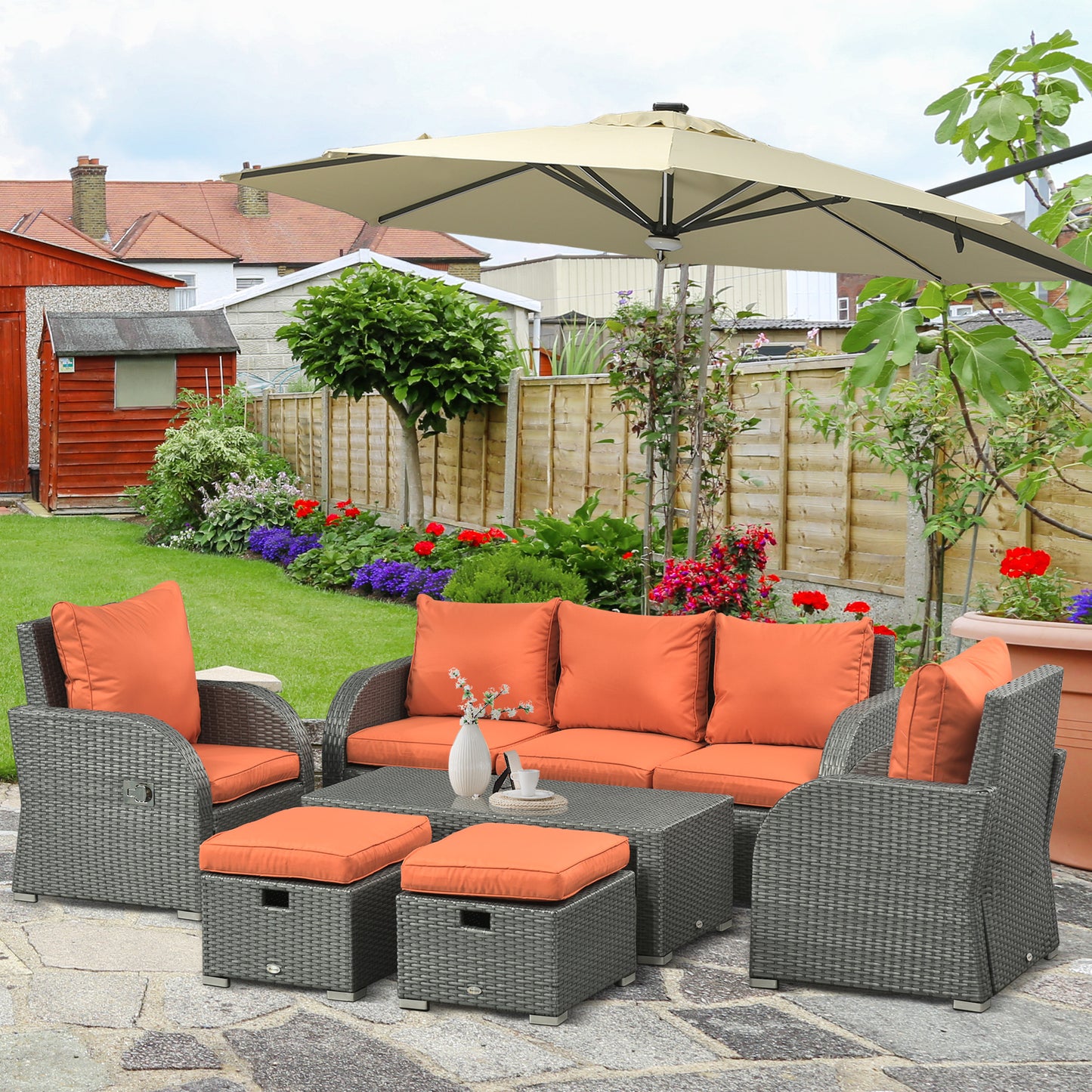 6 Pieces Patio Furniture with 2 Recliner Chairs, PE Wicker Sectional Furniture Conversation Set with a 3-Seat Sofa, 2 Footstools, Table, Cushions, Orange