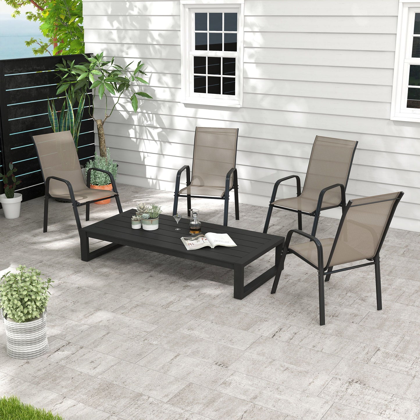 Set of 4 Outdoor Dining Chairs, Heavy Duty Stackable Patio Dining Set with Armrests for Balcony Garden, Grey