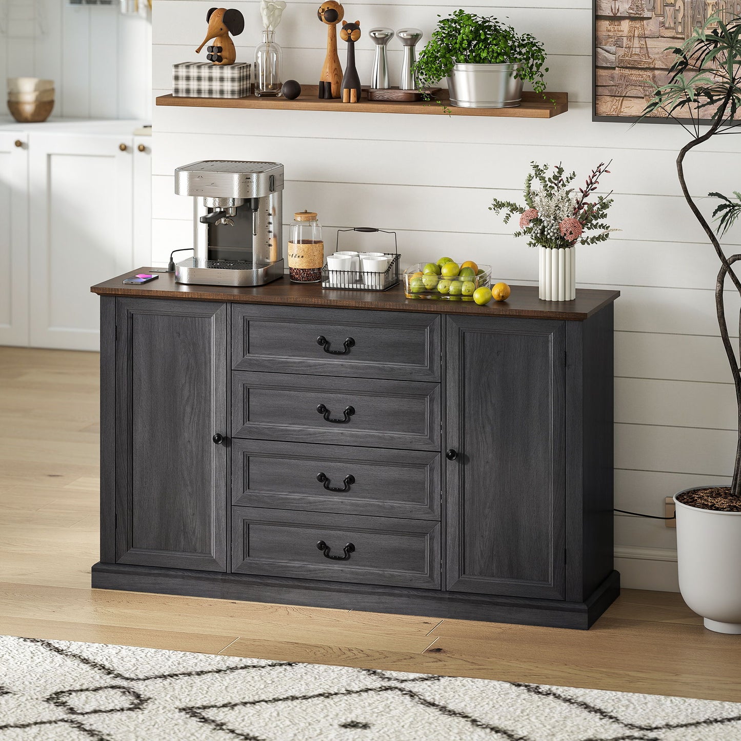 Farmhouse Sideboard with Charging Station, 58" Buffet Cabinet, Kitchen Storage Cabinet with 4 Drawers, 2 Doors, Black