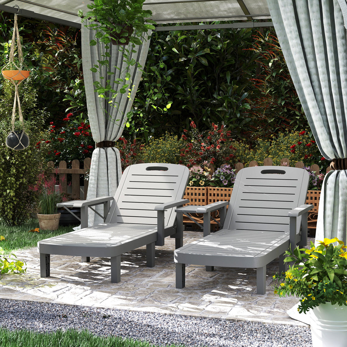 Set of 2 Tanning Chair, 5 Positions Adjustable Outdoor Lounge Chairs with Foldable Side Table, Dark Grey