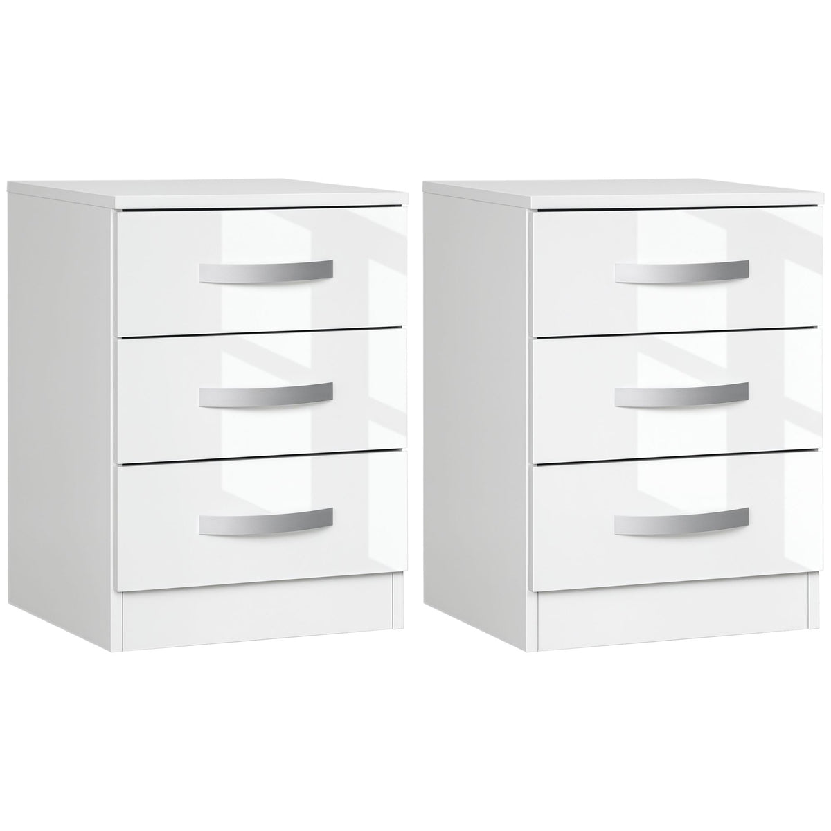 Modern Nightstand Set of 2, Bedside Tables with 3 High Gloss Drawers for Bedroom, White