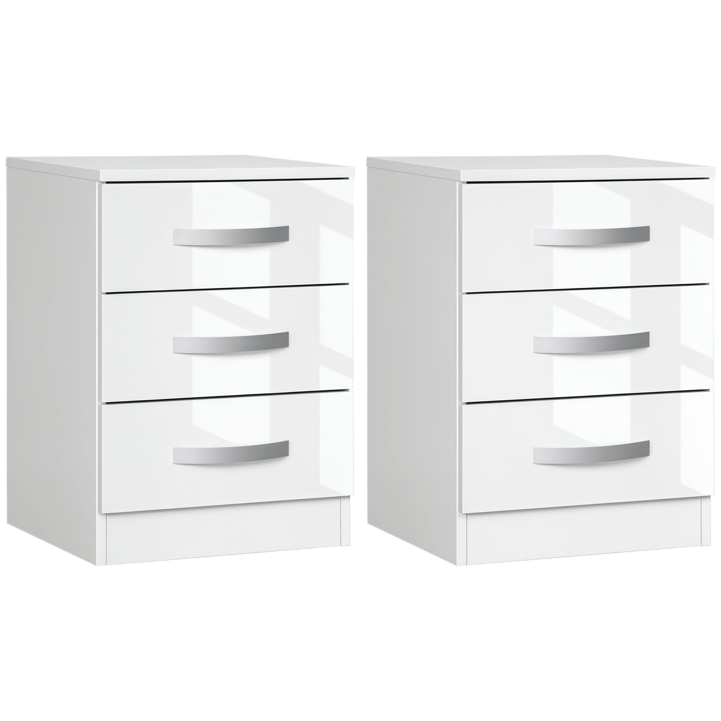 Modern Nightstand Set of 2, Bedside Tables with 3 High Gloss Drawers for Bedroom, White