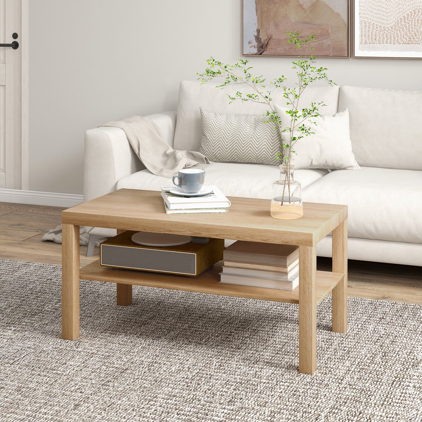 2 Tier Coffee Table with Storage Shelf, Rectangular Center Table for Living Room, Home Office Furniture Nature Wood