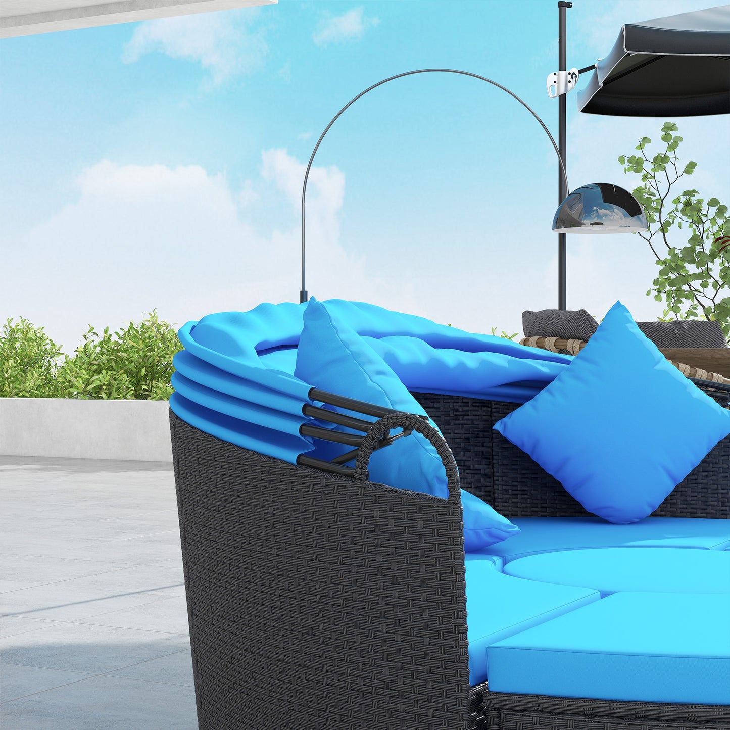4 Pieces Outdoor Daybed with Retractable Canopy, Wicker Lounger Bed, Conversation Furniture Set, Dark Blue