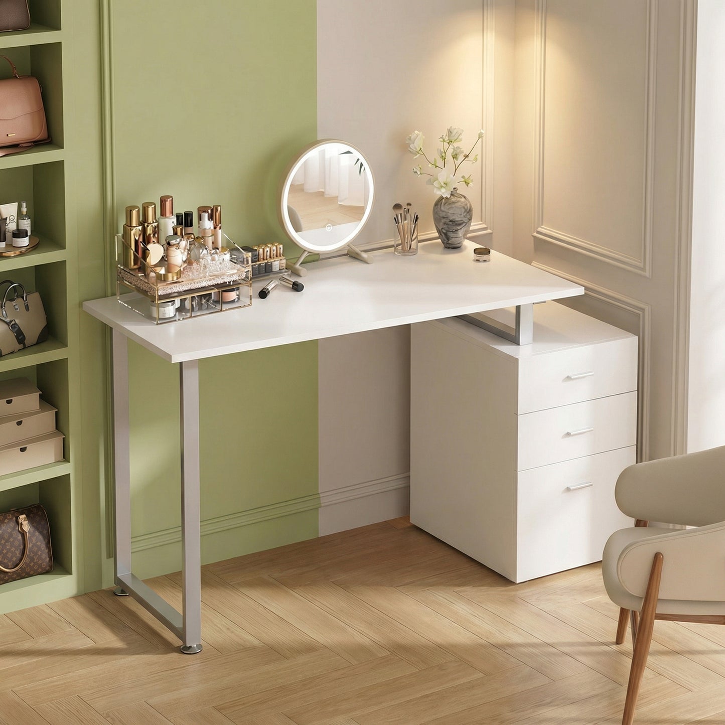 47" Computer Desk Writing Table Workstation with Multi-Use Reversible File Drawers Metal Frame Home Office Furniture, White
