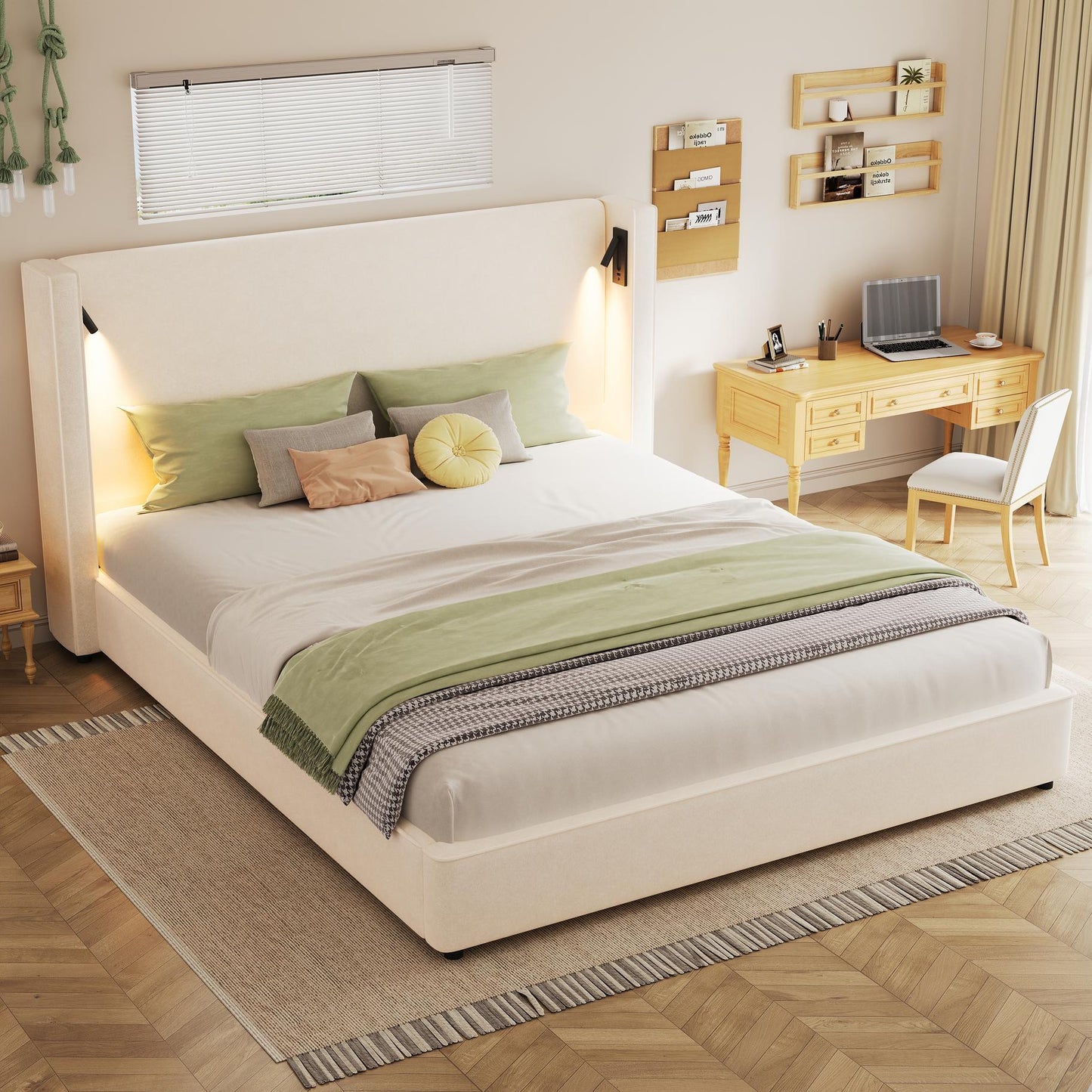 King Bed Frame with Adjustable Reading Lamp and USB Charging Port, Platform Bed with Wingback Headboard, 86'' L x 83.5'' W x 49'' H, Beige