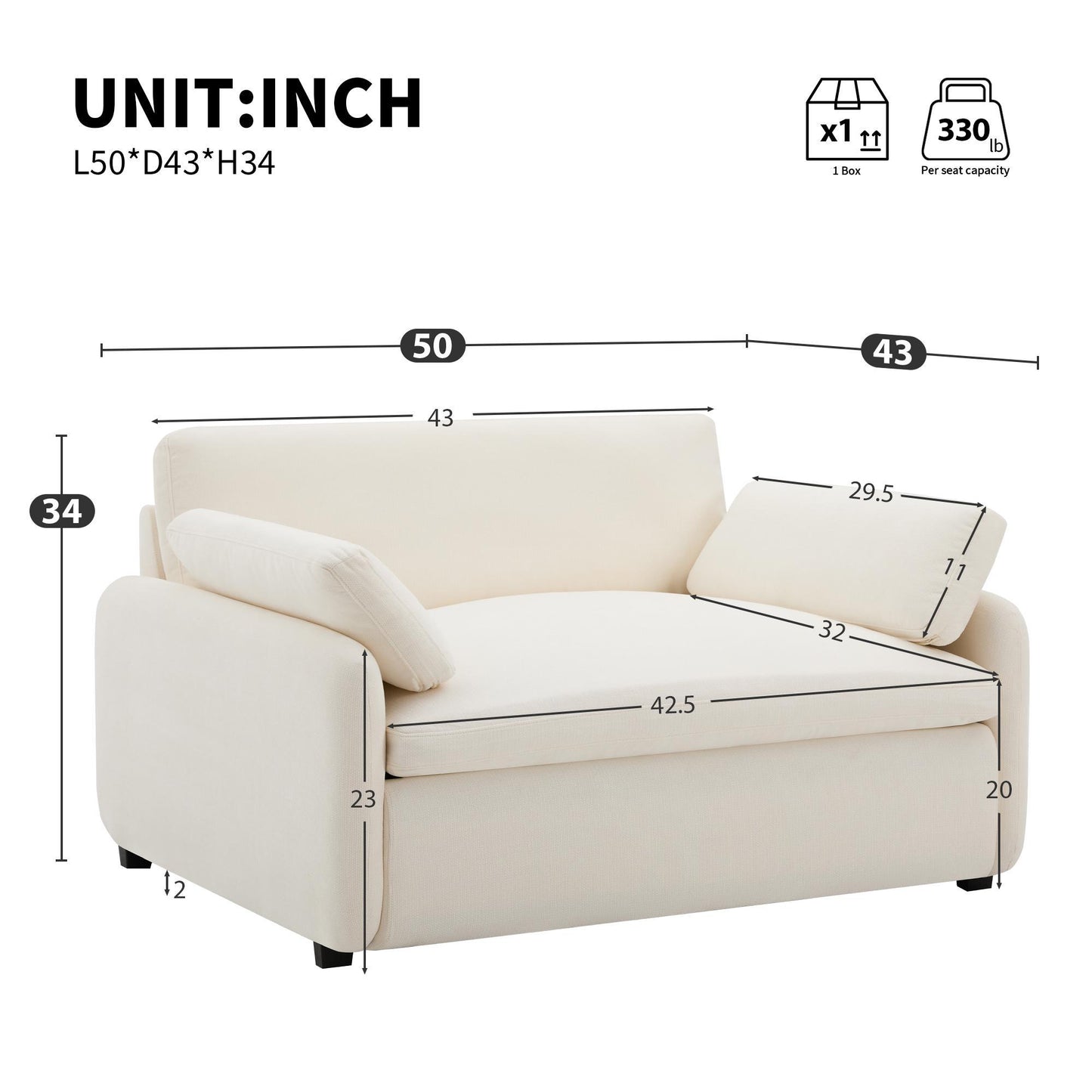 Modern Single Chenille Sofa with Extra-Wide 42.5-Inch Seat, Comfortable Armchair for Bedroom and Living Room, 50" L x 43" W x 34" H, White