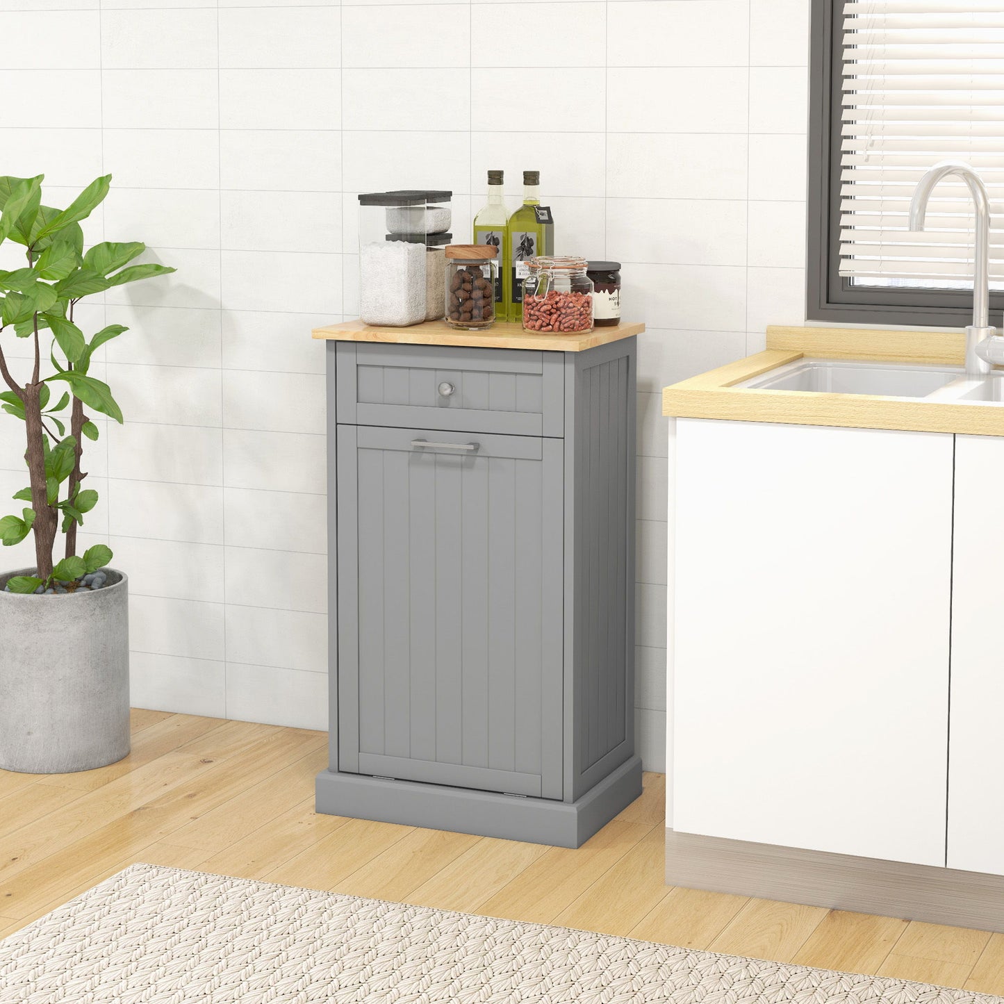 Kitchen Tilt Out Trash Bin Cabinet, Free Standing Recycling Cabinet, Trash Can Holder with Drawer, Grey