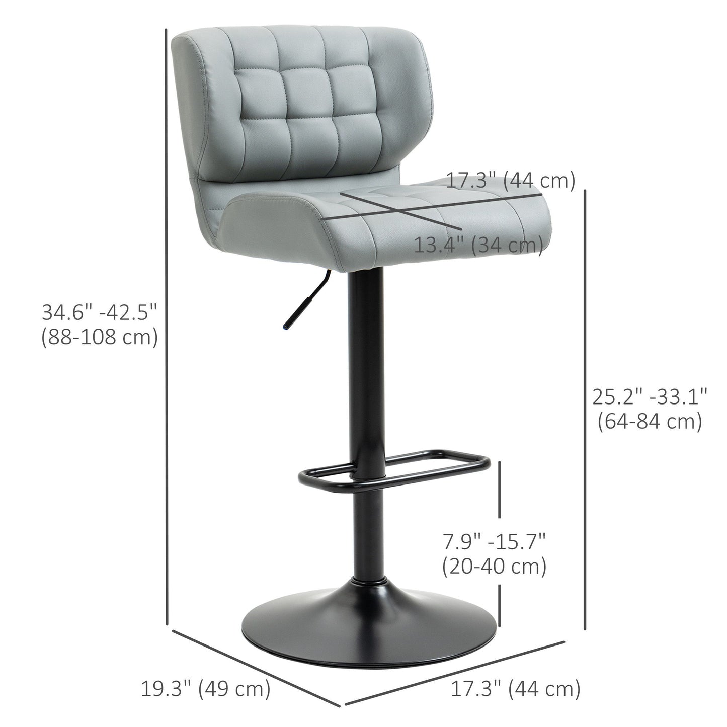 Swivel PU Leather Barstools Set of 2 Adjustable Bar Stools with Footrest Back for Kitchen Counter Dining Room Grey